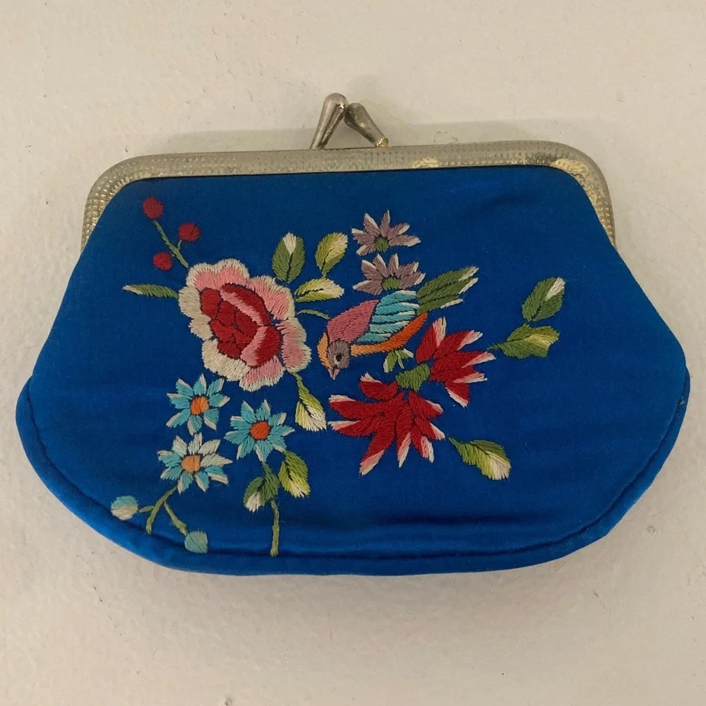 VTG Royal Blue Embroidered Floral Bird Kiss Lock Coin Purse Pouch Asian Oriental